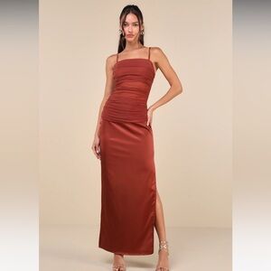 Lulus Perfected Essence Rust Brown Satin Mesh Ruched Maxi Dress Size XL